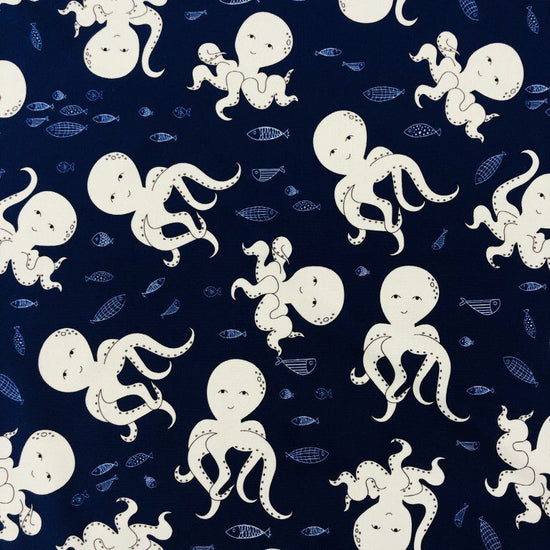 Smiling cartoon octopi on navy blue background with little fish